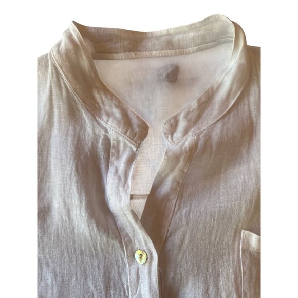 White Italian-Made 100% Linen Button-Up Shirt With Mandarin Collar & Pocket - Picture 2 of 5